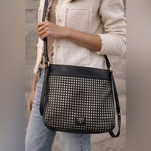 Fossil Ava Black Leather Grid-Pattern Crossbody Bag